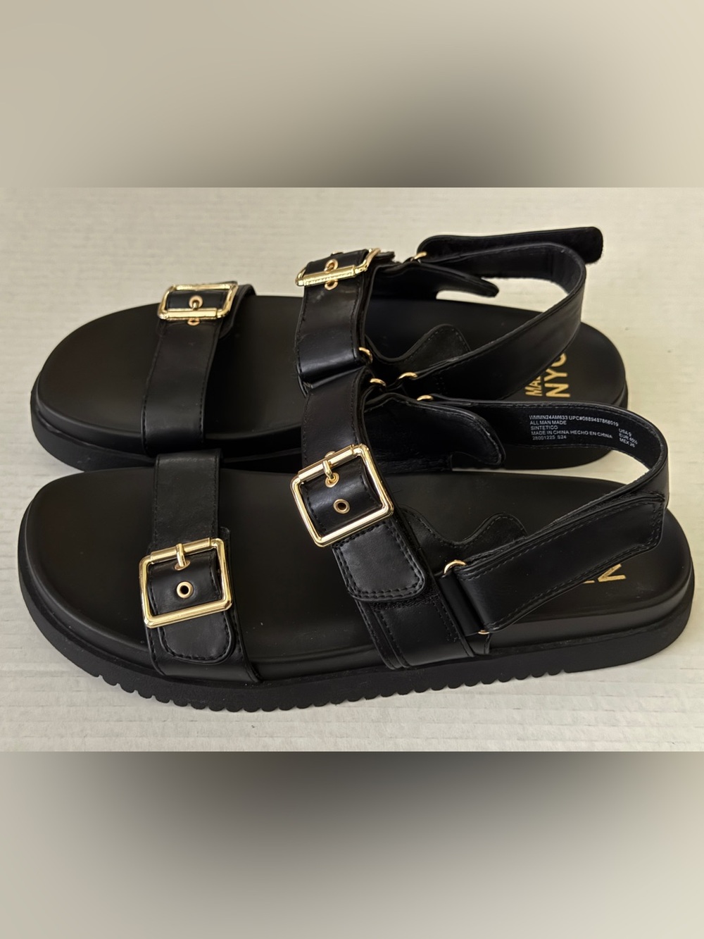 Madden NYC Mona Goldtone Double Buckle Black Sandals Ankle Strap Women's Size 9